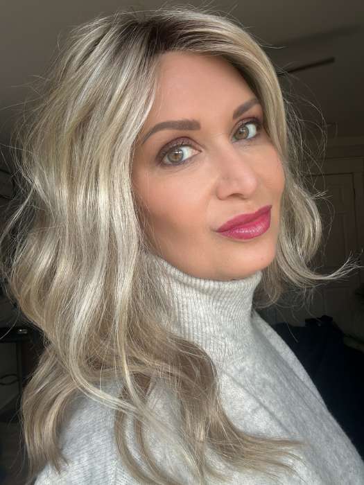 Emily @she_sheds_more wearing HEIDI by JON RENAU in color 22F16S8 VENICE BLONDE | Light Ash Blonde and Light Natural Blonde Blend Shaded with Medium Brown
