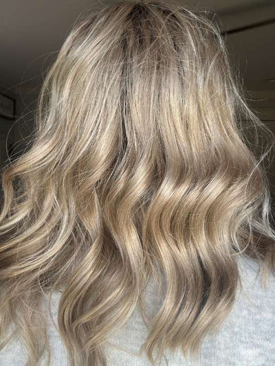 Emily @she_sheds_more wearing HEIDI by JON RENAU in color 22F16S8 VENICE BLONDE | Light Ash Blonde and Light Natural Blonde Blend Shaded with Medium Brown
