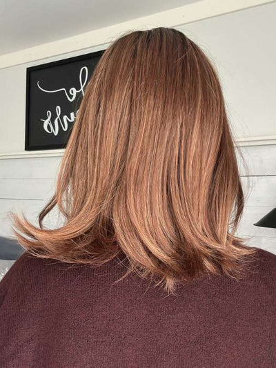 Emily H. @she_sheds_more wearing KARLIE BY JON RENAU in 30A27S4 SHADED PEACH | Medium Natural Red & Medium Red-Gold Blonde Blend, Shaded with Dark Brown