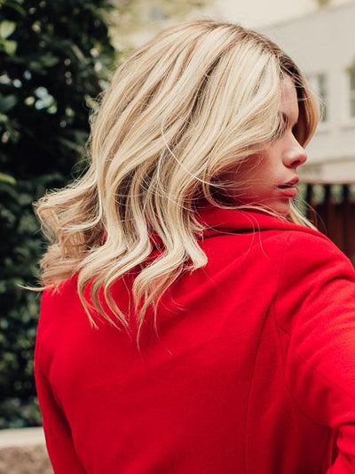 MARGOT by JON RENAU in 12FS8 SHADED PRALINE | Medium Natural Gold Blonde, Light Gold Blonde, Pale Natural Blonde Blend, Shaded with Dark Brown (This piece has been styled and curled)