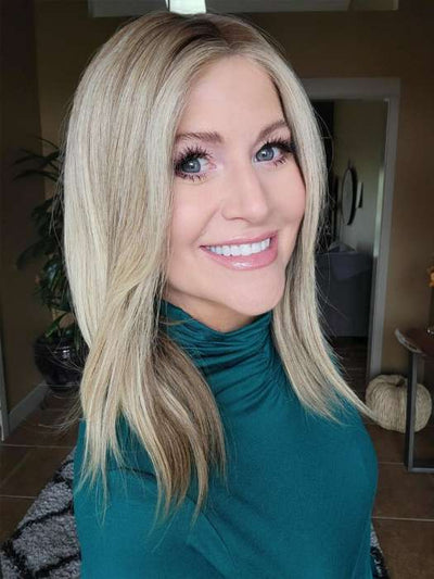 Natalie @vanish.into.thin.hair wearing MARGOT by JON RENAU in color 12FS8 SHADED PRALINE | Medium Natural Gold Blonde, Light Gold Blonde, Pale Natural Blonde Blend, Shaded with Dark Brown