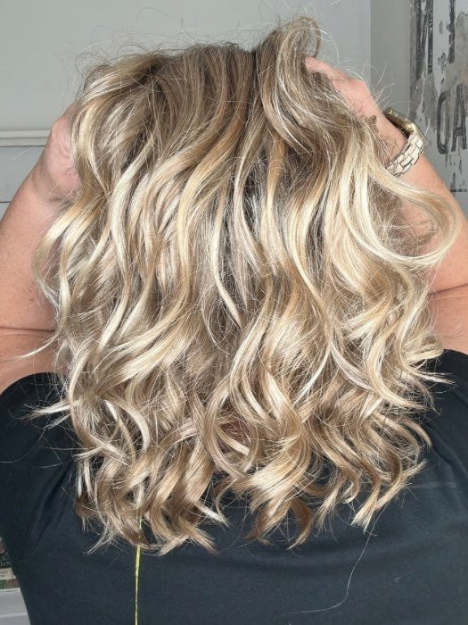 Emily @she_sheds_more wearing MILA by JON RENAU in color 12FS8 SHADED PRALINE | Light Gold Brown, Light Natural Gold Blonde & Pale Natural Gold-Blonde Blend, Shaded with Medium Brown