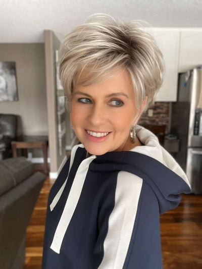 Donna @style.me.ageless wearing RAISE by ELLEN WILLE in color PEARL-BLONDE-ROOTED 101.24.16 | Pearl Platinum, Dark Ash Blonde, and Medium Honey Blonde mix