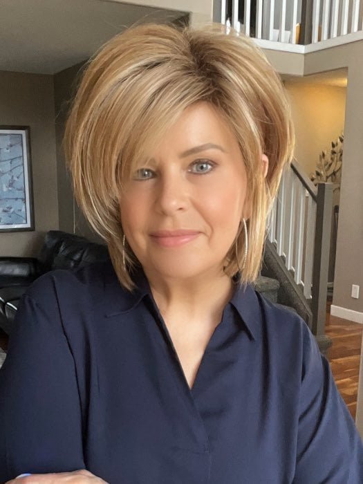 Donna @style.me.ageless wearing REESE by NORIKO in color NUTMEG F | Medium Blonde and Honey Brown Base Frosted with Platinum Blonde Highlights