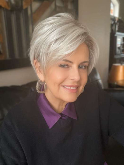 Donna @style.me.ageless wearing SATIN by ELLEN WILLE in color SILVER-BLONDE-ROOTED | Medium Honey Blonde, Light Ash Blonde, and Lightest Reddish Brown blend with Dark Roots