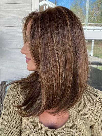 Jenna @jenna_fail wearing SIENNA LITE by JON RENAU in color FS6/30/27 TOFFEE TRUFFLE | Brown, Medium Red-Gold, Medium Red-Gold Blonde Blend with Medium Red Gold Blonde Bold Highlights
