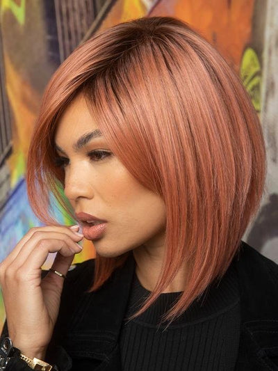 SILKY SLEEK by Rene of Paris in DUSTY-ROSE | Medium Coral Red Base with Dark Brown Roots