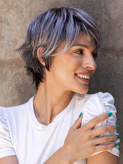 Roxie wearing SKY by ELLEN WILLE in METALLIC PURPLE ROOTED | Pearl Platinum and Pure White with Black and Purple Blended throughout with Shaded Roots