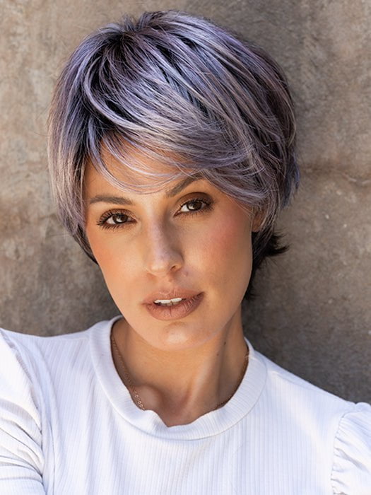 Roxie wearing SKY by ELLEN WILLE in  METALLIC PURPLE ROOTED | Pearl Platinum and Pure White with Black and Purple Blended throughout with Shaded Roots