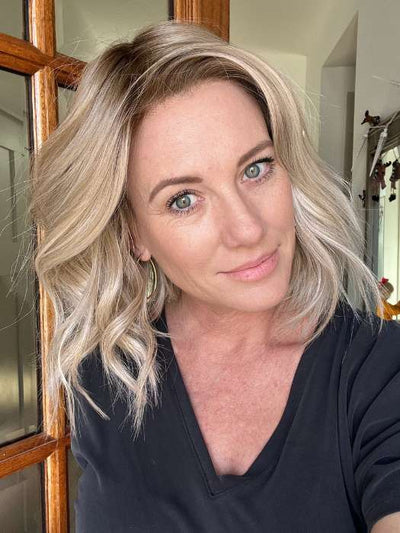 Jenny B. @thewiggygirl wearing SKYLAR by JON RENAU in color FS17/101S18 PALM SPRINGS BLONDE | Light Ash Blonde with Pure White Natural Violet Bold Highlights, Shaded with Dark Natural Ash Blonde