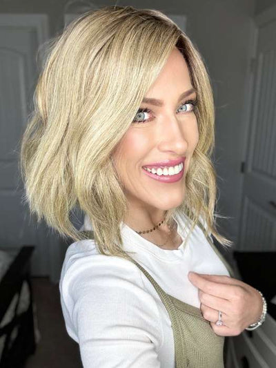 Kristyna Moore @kristynamoore wearing SKYLAR by JON RENAU in color 22F16S8 VENICE BLONDE | Light Ash Blonde and Light Natural Blonde Blend Shaded with Medium Brown