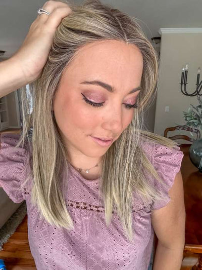 Jen @being_mrs_brown wearing SLEEK by ELLEN WILLE in color SANDY BLONDE ROOTED 16.22.20 | Medium Blonde, Light Neutral Blonde, and Light Strawberry Blonde Blend with Shaded Roots