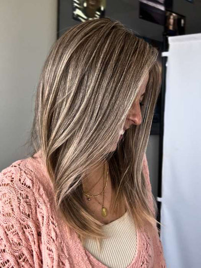 Kristin wearing SLEEK by ELLEN WILLE in color POWDER BLONDE TIPPED | Light Brown and Lightest Ash Blonde with Red Violet Blended with Pale Pink and Lighter Tipped Ends