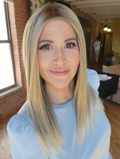 Natalie Gray @vanish.into.thin.hair wearing SLEEK by ELLEN WILLE in SANDY BLONDE ROOTED 16.22.20 | Medium Blonde, Light Neutral Blonde, and Light Strawberry Blonde Blend with Shaded Roots