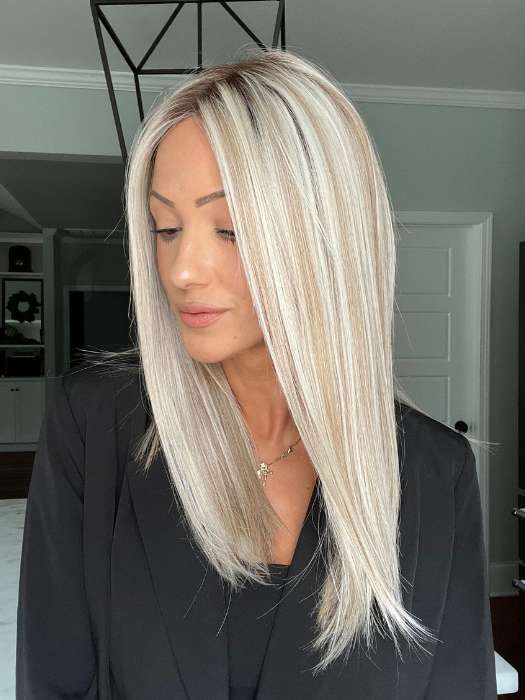 Jenna @jenna_fail wearing SLEEK by ELLEN WILLE in color PEARL BLONDE ROOTED 101.20.25 | Pearl Platinum Blended with Light Strawberry Blonde and Lightest Golden Blonde with Shaded Roots