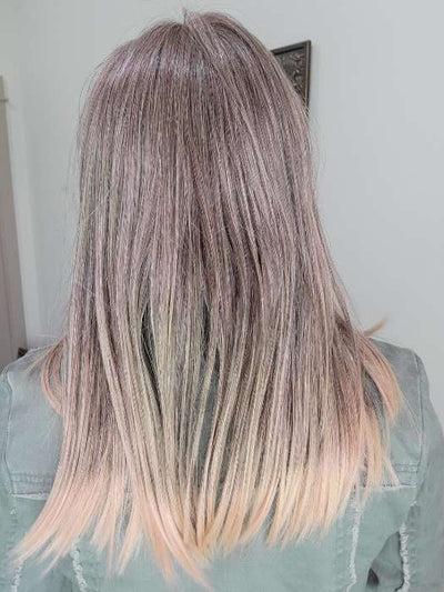 Natalie @vanish.into.thin.hair wearing SLEEK by ELLEN WILLE in color POWDER BLONDE TIPPED | Light Brown and Lightest Ash Blonde with Red Violet Blended with Pale Pink and Lighter Tipped Ends