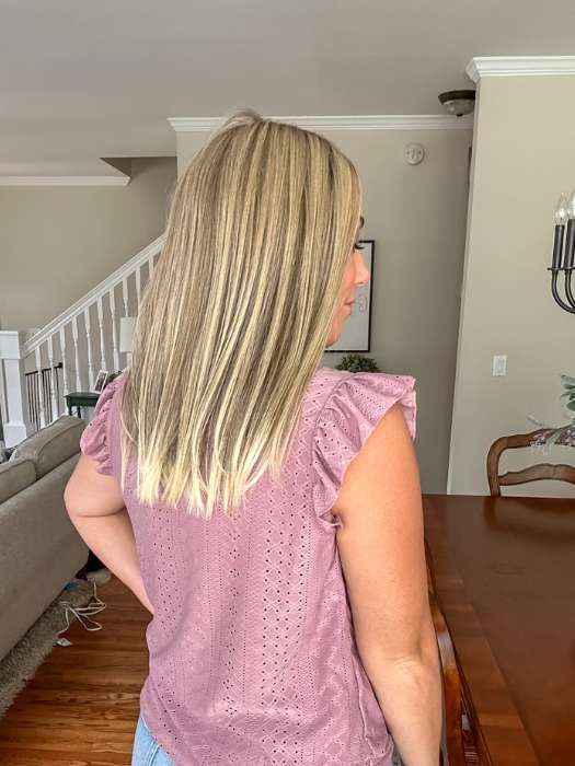 Jen @being_mrs_brown wearing SLEEK by ELLEN WILLE in color SANDY BLONDE ROOTED 16.22.20 | Medium Blonde, Light Neutral Blonde, and Light Strawberry Blonde Blend with Shaded Roots