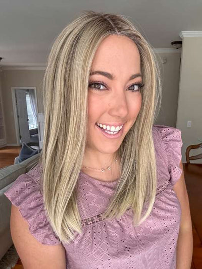 Jen @being_mrs_brown wearing SLEEK by ELLEN WILLE in color SANDY BLONDE ROOTED 16.22.20 | Medium Blonde, Light Neutral Blonde, and Light Strawberry Blonde Blend with Shaded Roots