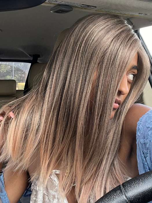 Shyla @stylewithshyla wearing SLEEK by ELLEN WILLE in color POWDER BLONDE TIPPED | Light Brown and Lightest Ash Blonde with Red Violet Blended with Pale Pink and Lighter Tipped Ends