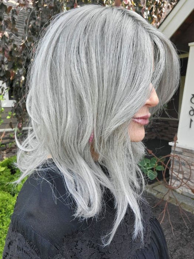 Natalie Gray @vanish.into.thin.hair wearing SOPHIA by RENE OF PARIS in color SILVER-BROWN-MR | Micro Root that transcends into Silver, Grey and Honey Brown Tones