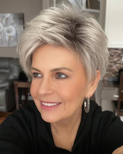 Donna @style.me.ageless wearing SPRING HI by ELLEN WILLE in color PLATINUM BLONDE ROOTED | Pearl Platinum, Light Golden Blonde, and Pure White Blend