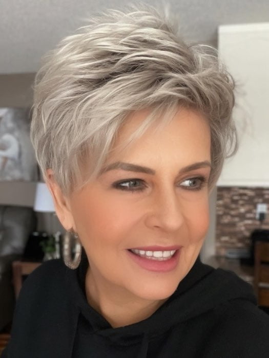 Donna @style.me.ageless wearing SPRING HI by ELLEN WILLE in color PLATINUM BLONDE ROOTED | Pearl Platinum, Light Golden Blonde, and Pure White Blend