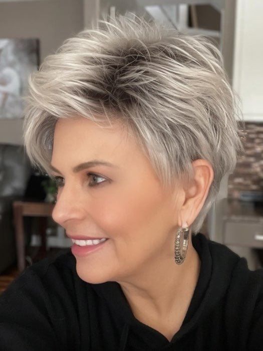 Donna @style.me.ageless wearing SPRING HI by ELLEN WILLE in color PLATINUM BLONDE ROOTED | Pearl Platinum, Light Golden Blonde, and Pure White Blend