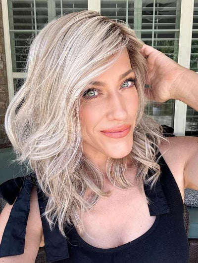 Kristyna @kristynamoore wearing TABU by ELLEN WILLE in color CHAMPAGNE ROOTED | Light Beige Blonde, Medium Honey Blonde, and Platinum Blonde blend with Dark Roots  | outdoor lighting