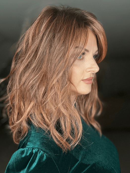 Sandy Holston @i_be_wiggin wearing TABU by ELLEN WILLE in color ROSEWOOD ROOTED | Medium Dark Brown Roots that Melt into a Mixture of Saddle Brown and Terra-Cotta Tones with Dark Roots