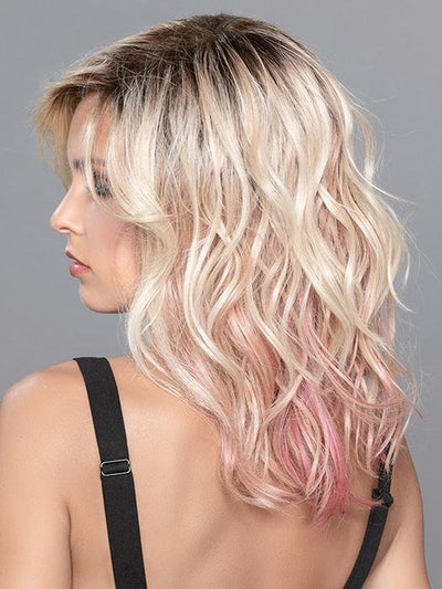 TABU by ELLEN WILLE in ROSE BLONDE ROOTED | Medium Dark Brown Roots that melt into a Pale Golden Blonde with a Mixture of Pink Tones Underneath with Darker Roots