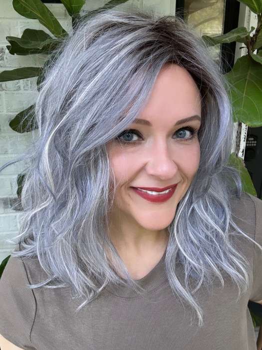 Marcie Mertz @wig.obsessed wearing TABU by ELLEN WILLE in color ICE BLUE ROOTED | Seamless Blend of Slate Gray Mixed with Light Steel Blue and a Touch of White Smoke with Dark Roots
