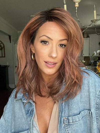 Jenna @jenna_fail wearing TABU by ELLEN WILLE in color ROSEWOOD ROOTED | Medium Dark Brown Roots that Melt into a Mixture of Saddle Brown and Terra-Cotta Tones with Dark Roots
