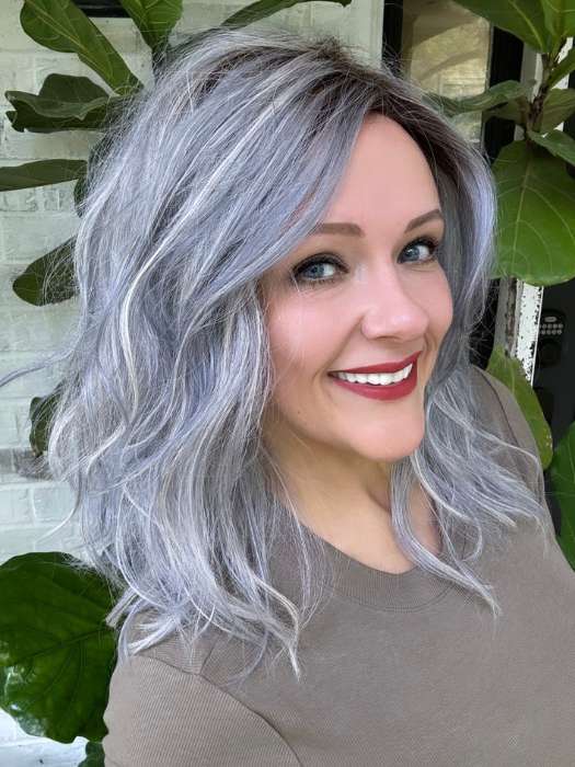 Marcie Mertz @wig.obsessed wearing TABU by ELLEN WILLE in color ICE BLUE ROOTED | Seamless Blend of Slate Gray Mixed with Light Steel Blue and a Touch of White Smoke with Dark Roots
