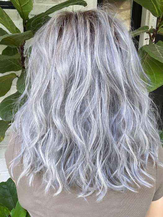 Marcie Mertz @wig.obsessed wearing TABU by ELLEN WILLE in color ICE BLUE ROOTED | Seamless Blend of Slate Gray Mixed with Light Steel Blue and a Touch of White Smoke with Dark Roots
