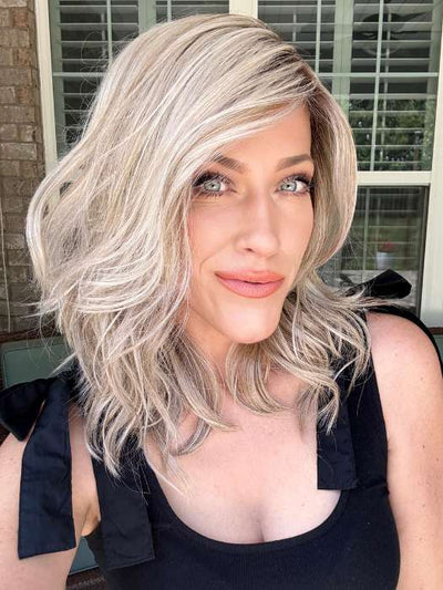 Kristyna @kristynamoore wearing TABU by ELLEN WILLE in color CHAMPAGNE ROOTED | Light Beige Blonde, Medium Honey Blonde, and Platinum Blonde blend with Dark Roots  | outdoor lighting