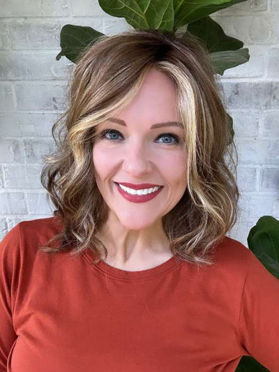 Marcie Mertz @wig.obsessed wearing TOUCH by ELLEN WILLE in color TOBACCO-ROOTED 12.26.27 | Medium Brown base with Light Golden Blonde highlights and Light Auburn lowlights
